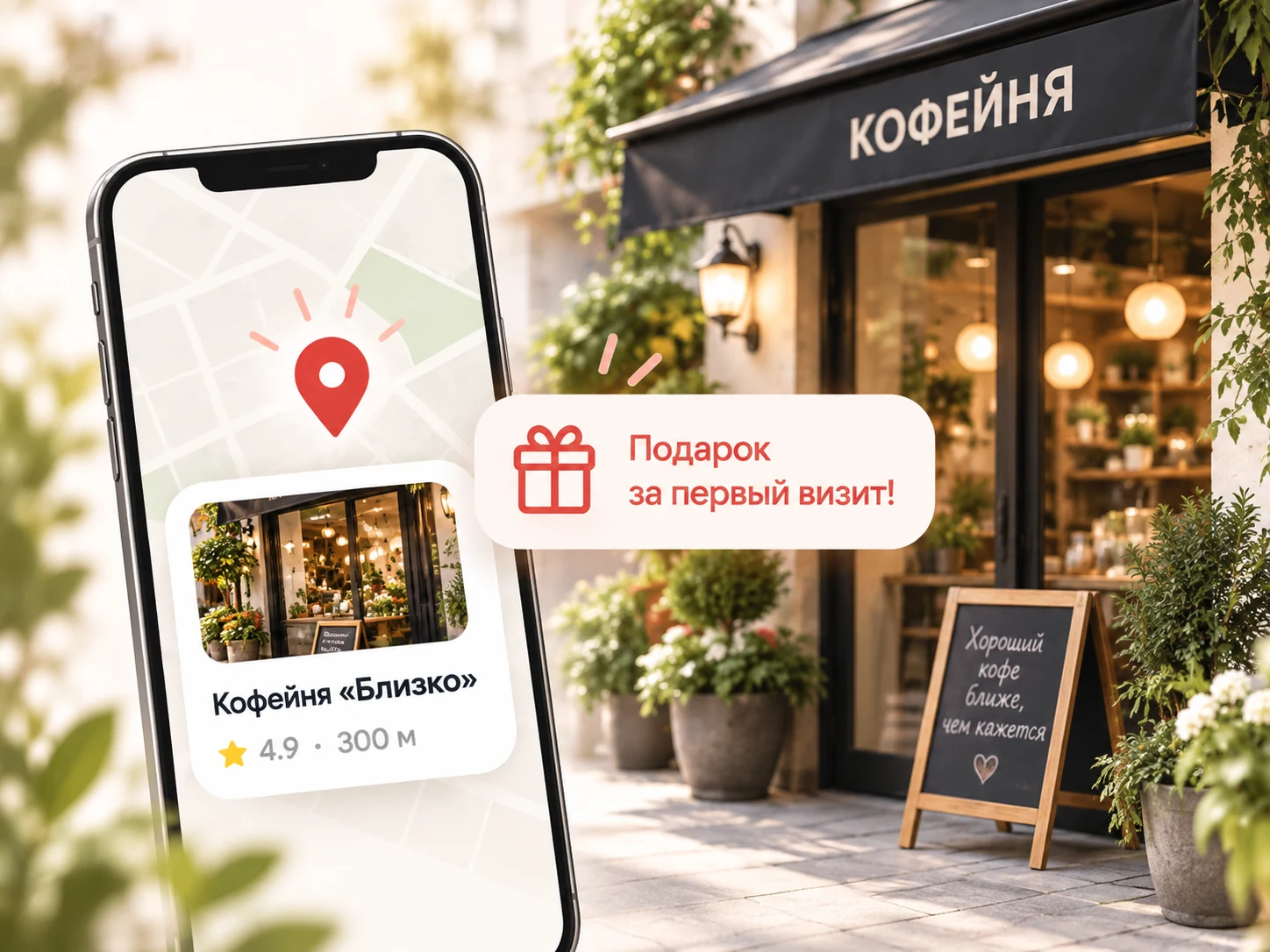 Житель видит место на карте и получает подарок за первый визит
